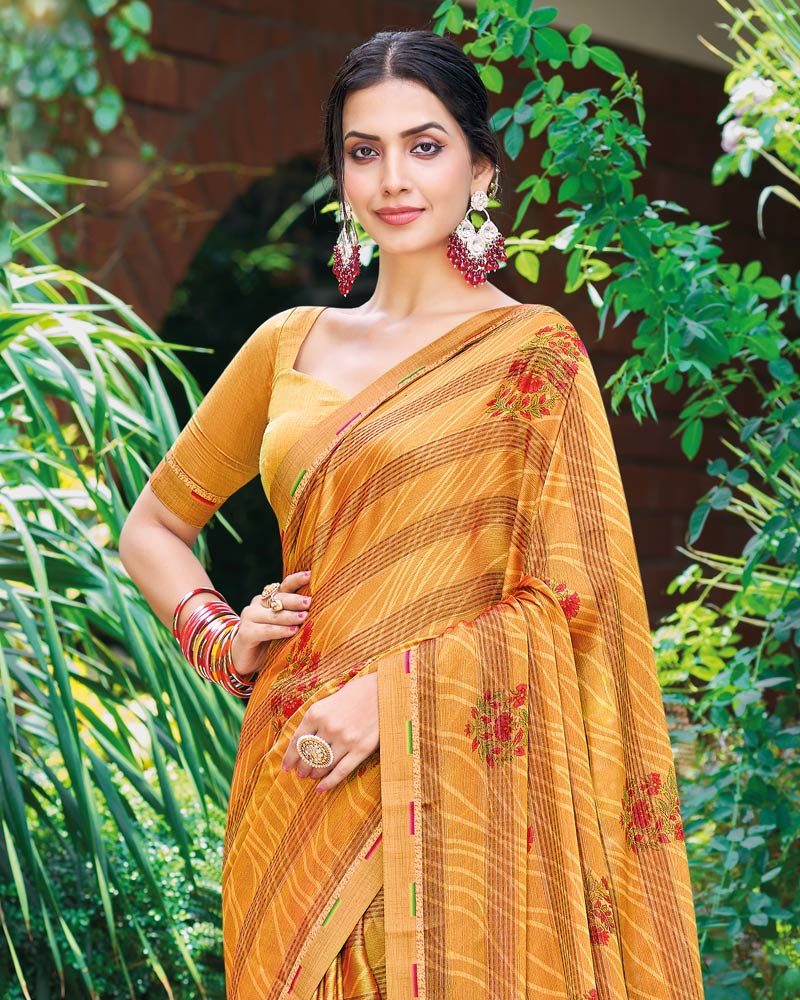 Vishal Prints Rajah Orange Printed Fancy Chiffon Saree With Border