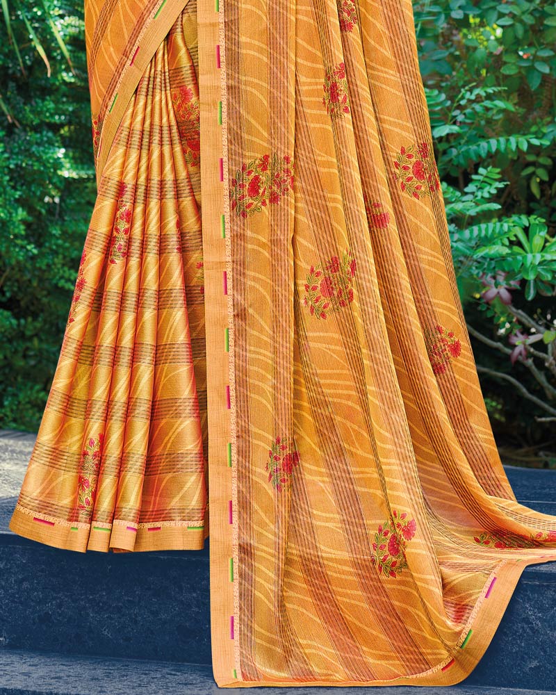 Vishal Prints Rajah Orange Printed Fancy Chiffon Saree With Border