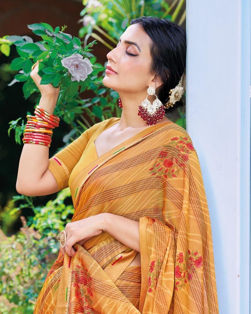 Vishal Prints Rajah Orange Printed Fancy Chiffon Saree With Border
