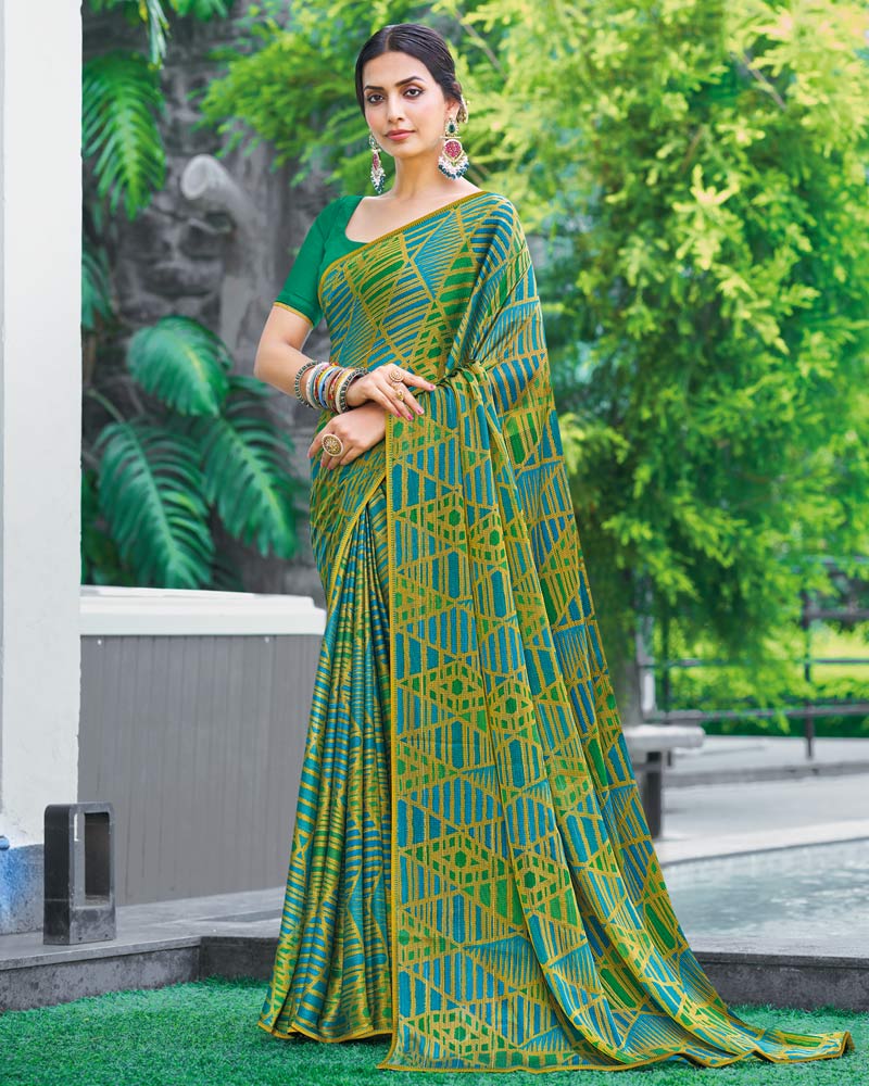 Vishal Prints Olive Green Printed Fancy Chiffon Saree With Border