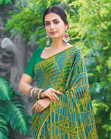 Vishal Prints Olive Green Printed Fancy Chiffon Saree With Border