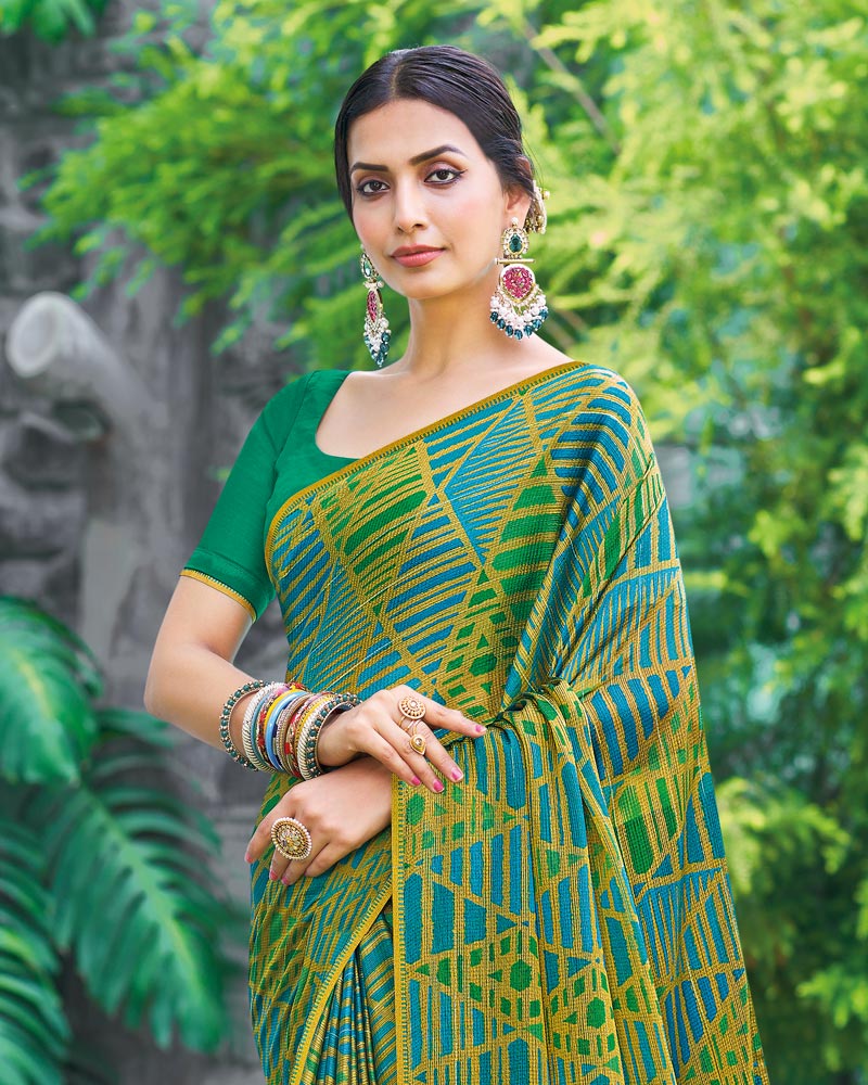 Vishal Prints Olive Green Printed Fancy Chiffon Saree With Border