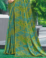 Vishal Prints Olive Green Printed Fancy Chiffon Saree With Border