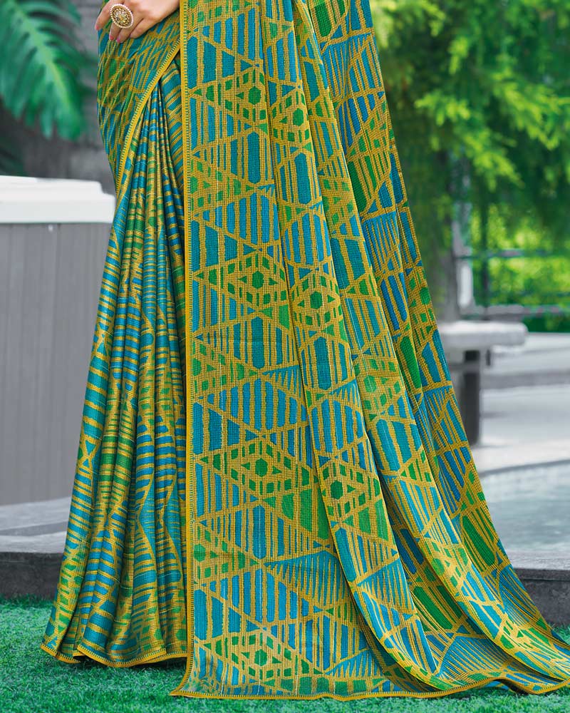 Vishal Prints Olive Green Printed Fancy Chiffon Saree With Border