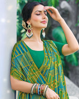 Vishal Prints Olive Green Printed Fancy Chiffon Saree With Border