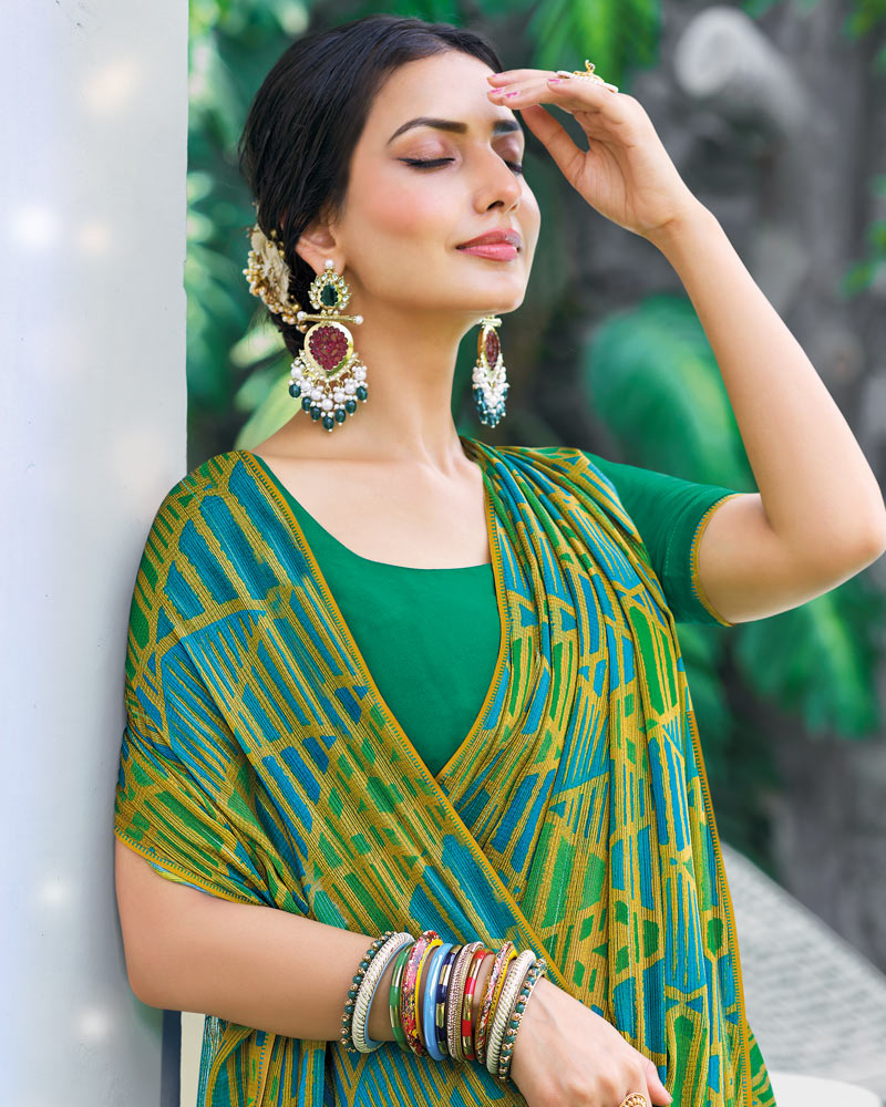 Vishal Prints Olive Green Printed Fancy Chiffon Saree With Border