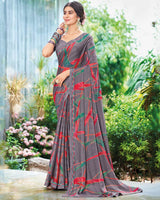 Vishal Prints Mobster Grey Printed Fancy Chiffon Saree With Border