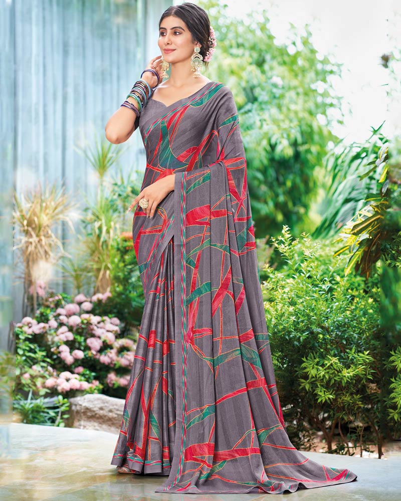 Vishal Prints Mobster Grey Printed Fancy Chiffon Saree With Border