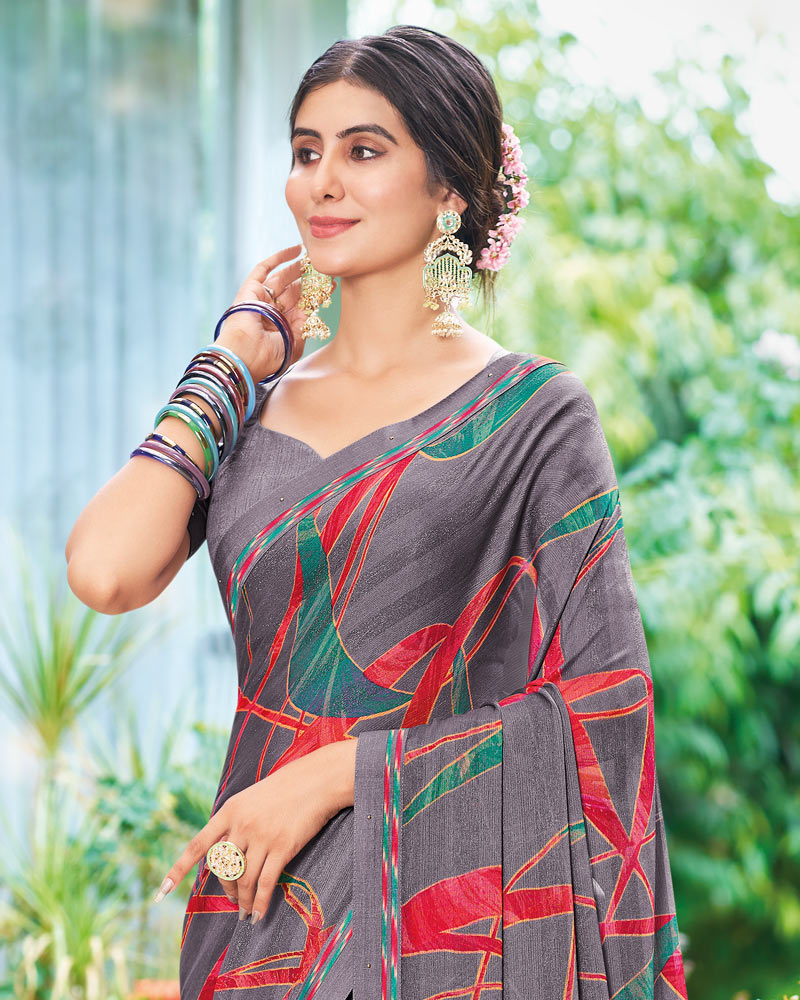 Vishal Prints Mobster Grey Printed Fancy Chiffon Saree With Border