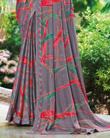Vishal Prints Mobster Grey Printed Fancy Chiffon Saree With Border