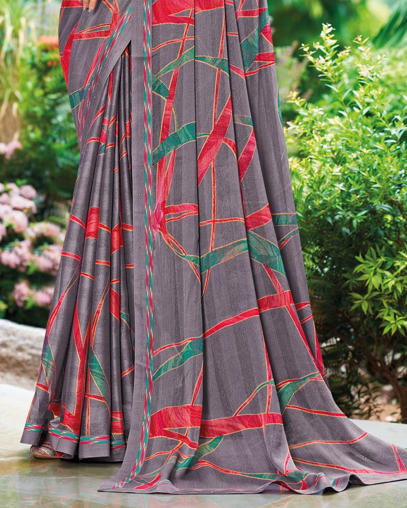 Vishal Prints Mobster Grey Printed Fancy Chiffon Saree With Border