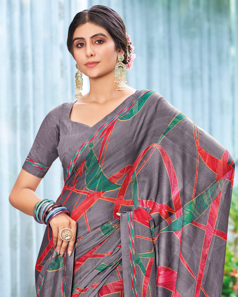 Vishal Prints Mobster Grey Printed Fancy Chiffon Saree With Border