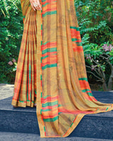 Vishal Prints Whiskey Brown Printed Fancy Chiffon Saree With Border