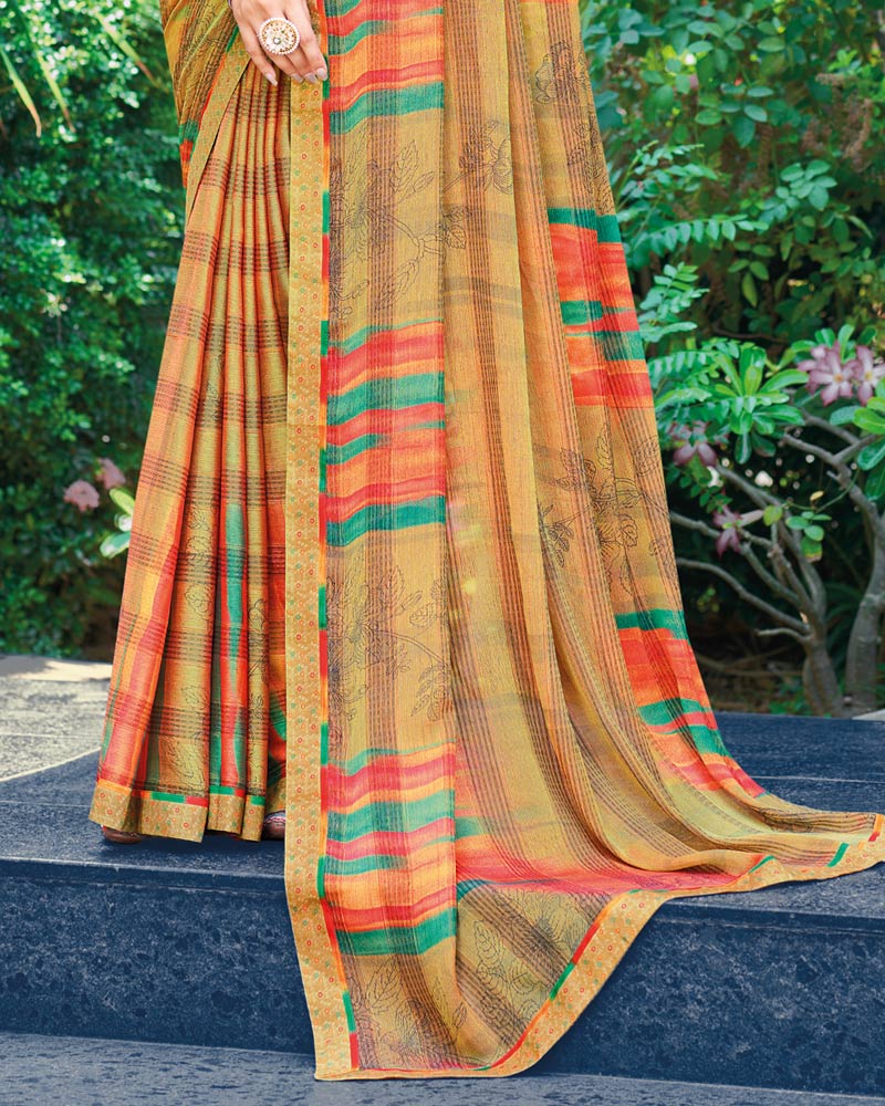 Vishal Prints Whiskey Brown Printed Fancy Chiffon Saree With Border