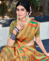 Vishal Prints Whiskey Brown Printed Fancy Chiffon Saree With Border