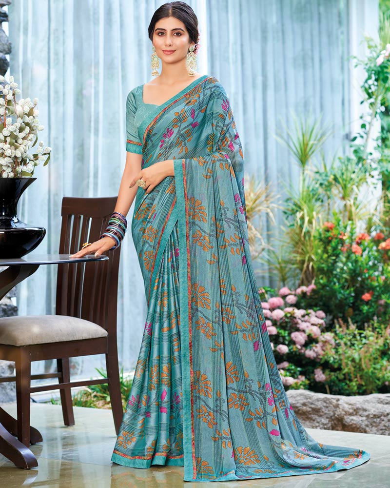 Vishal Prints Pastel Teal Green Printed Fancy Chiffon Saree With Border