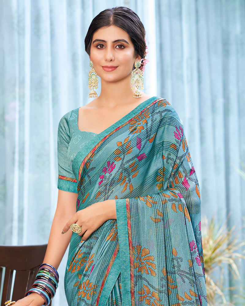 Vishal Prints Pastel Teal Green Printed Fancy Chiffon Saree With Border