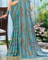 Vishal Prints Pastel Teal Green Printed Fancy Chiffon Saree With Border