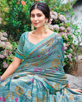 Vishal Prints Pastel Teal Green Printed Fancy Chiffon Saree With Border