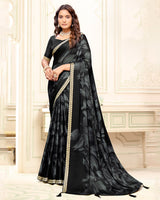 Vishal Prints Smokey Black Printed Criva Crepe Saree With Weaved Viscose Patta