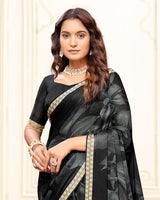Vishal Prints Smokey Black Printed Criva Crepe Saree With Weaved Viscose Patta