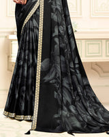 Vishal Prints Smokey Black Printed Criva Crepe Saree With Weaved Viscose Patta