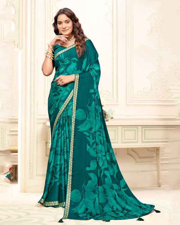 Vishal Prints Dark Aqua Green Printed Criva Crepe Saree With Weaved Viscose Patta