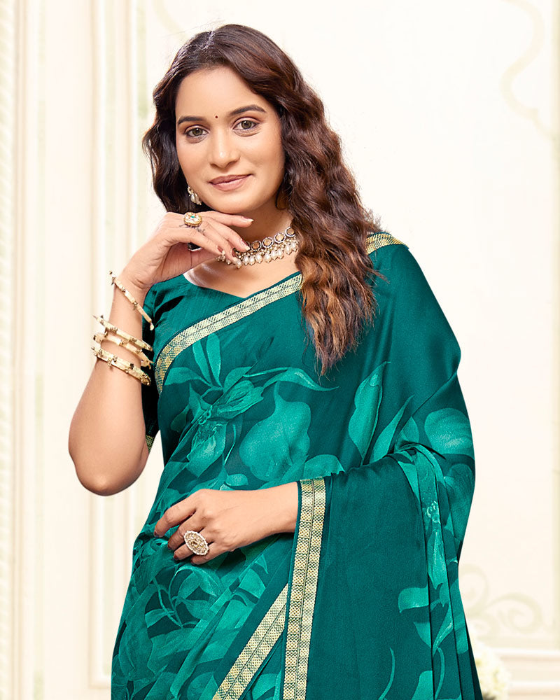 Vishal Prints Dark Aqua Green Printed Criva Crepe Saree With Weaved Viscose Patta