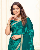 Vishal Prints Dark Aqua Green Printed Criva Crepe Saree With Weaved Viscose Patta
