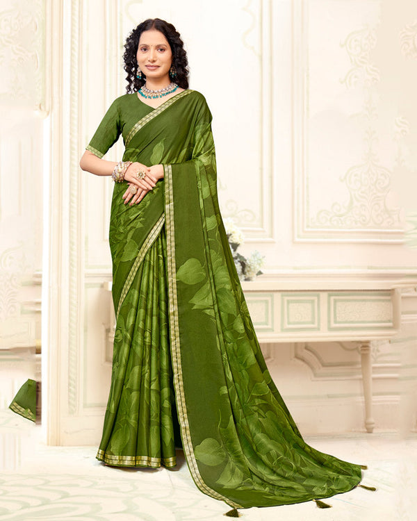 Vishal Prints Camo Green Printed Criva Crepe Saree With Weaved Viscose Patta