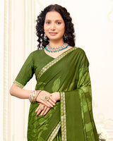 Vishal Prints Camo Green Printed Criva Crepe Saree With Weaved Viscose Patta