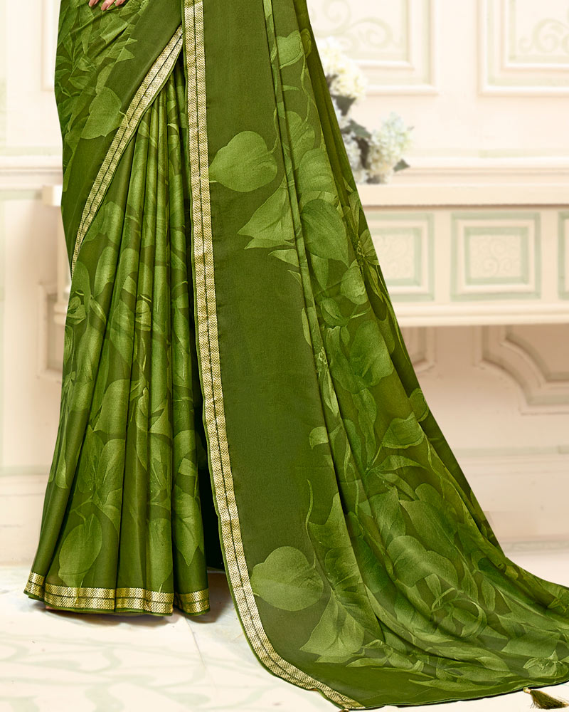 Vishal Prints Camo Green Printed Criva Crepe Saree With Weaved Viscose Patta