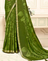 Vishal Prints Camo Green Printed Criva Crepe Saree With Weaved Viscose Patta