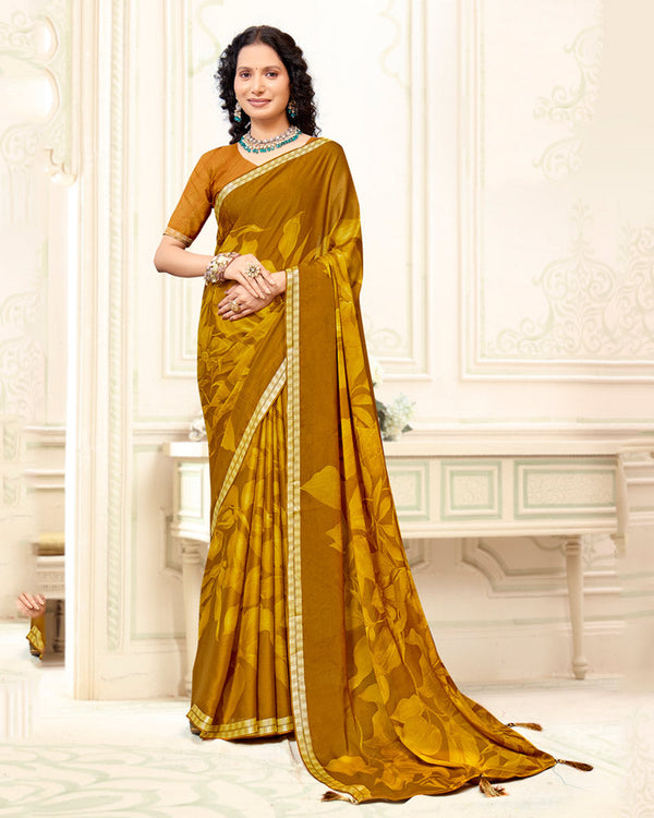 Vishal Prints Orange Brown Printed Criva Crepe Saree With Weaved Viscose Patta