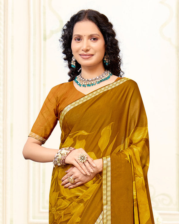 Vishal Prints Orange Brown Printed Criva Crepe Saree With Weaved Viscose Patta