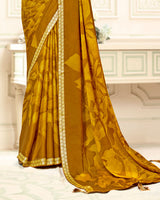 Vishal Prints Orange Brown Printed Criva Crepe Saree With Weaved Viscose Patta