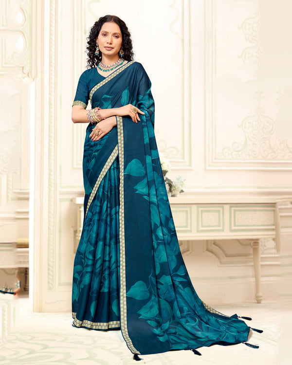 Vishal Prints Prussian Blue Printed Criva Crepe Saree With Weaved Viscose Patta