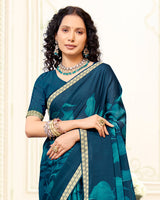 Vishal Prints Prussian Blue Printed Criva Crepe Saree With Weaved Viscose Patta