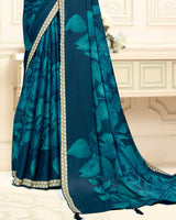 Vishal Prints Prussian Blue Printed Criva Crepe Saree With Weaved Viscose Patta