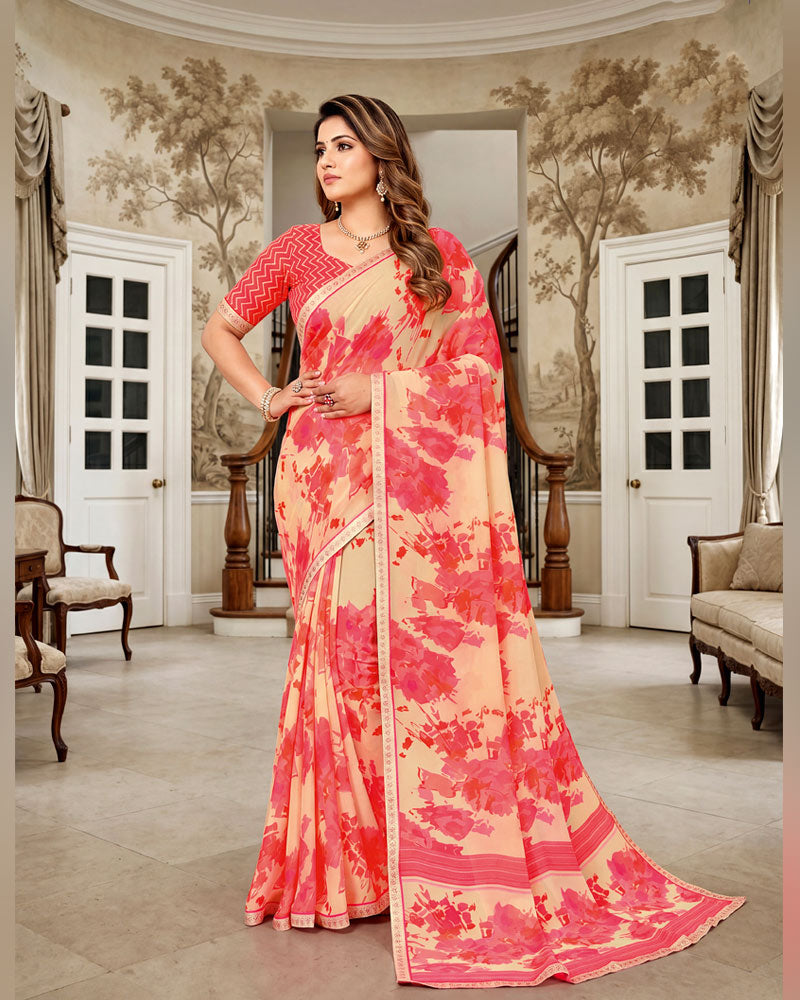Vishal Prints Light Carmine Pink Printed Georgette Saree With Fancy Border
