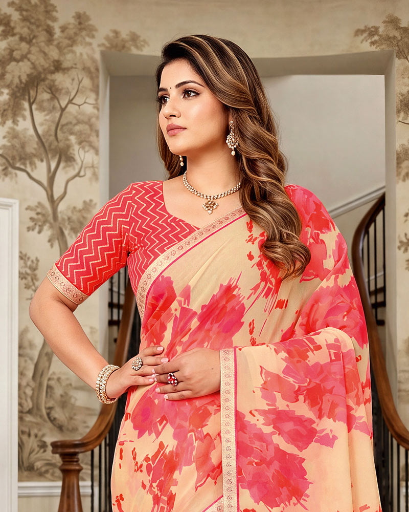 Vishal Prints Light Carmine Pink Printed Georgette Saree With Fancy Border