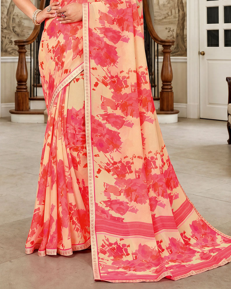 Vishal Prints Light Carmine Pink Printed Georgette Saree With Fancy Border