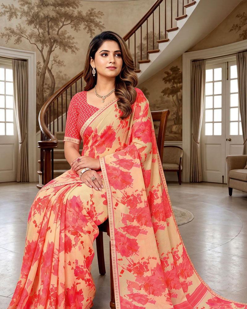 Vishal Prints Light Carmine Pink Printed Georgette Saree With Fancy Border