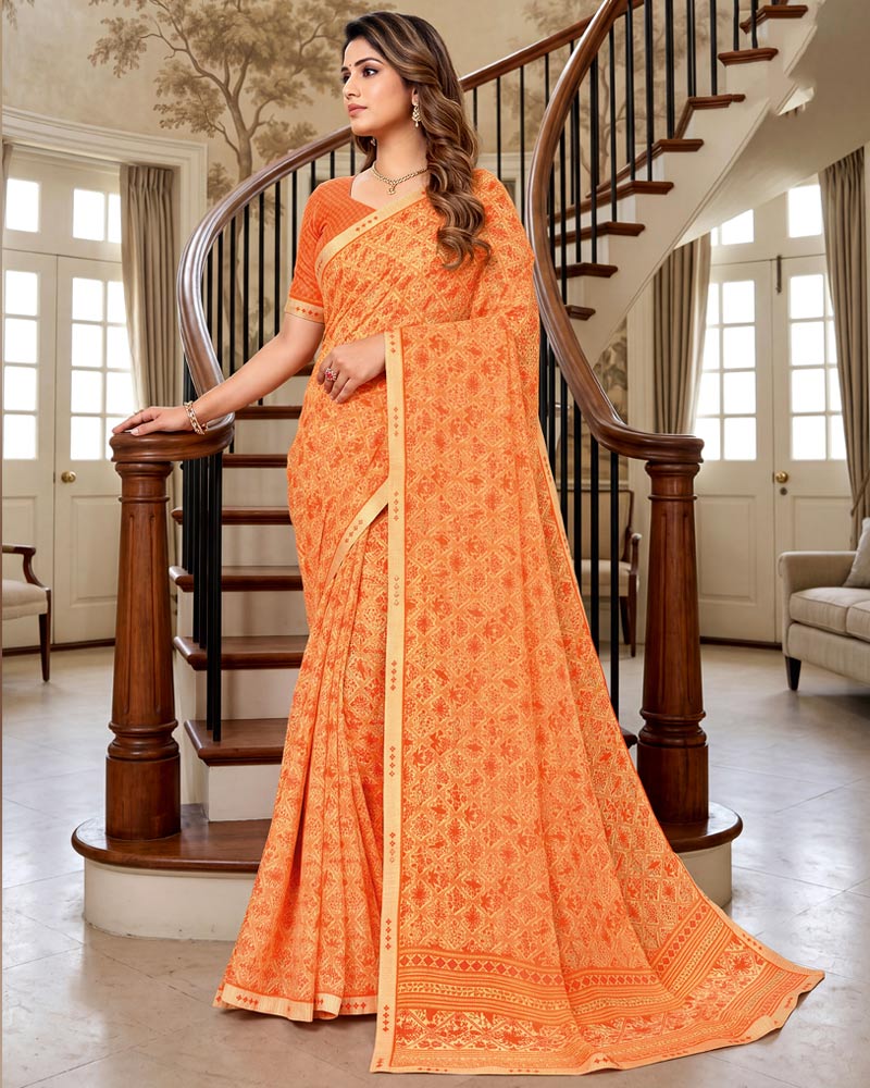 Vishal Prints Pastel Orange Printed Georgette Saree With Fancy Border