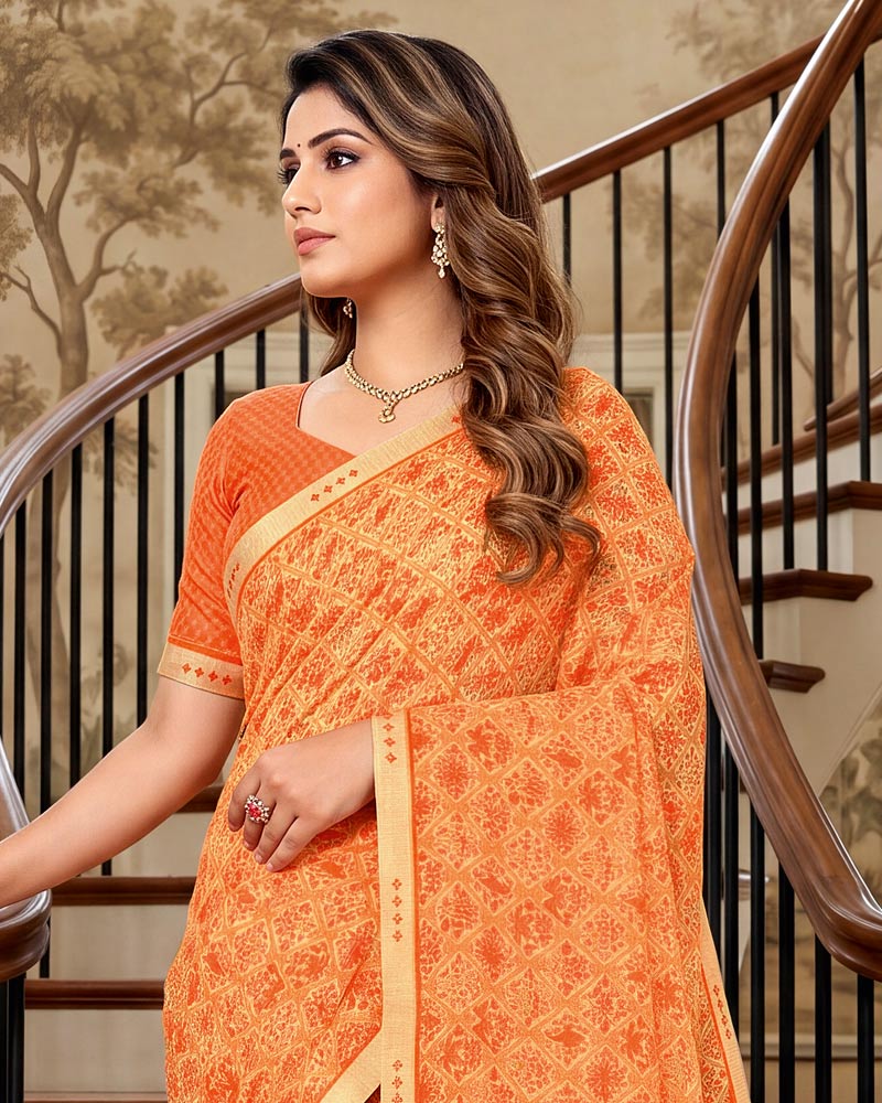 Vishal Prints Pastel Orange Printed Georgette Saree With Fancy Border