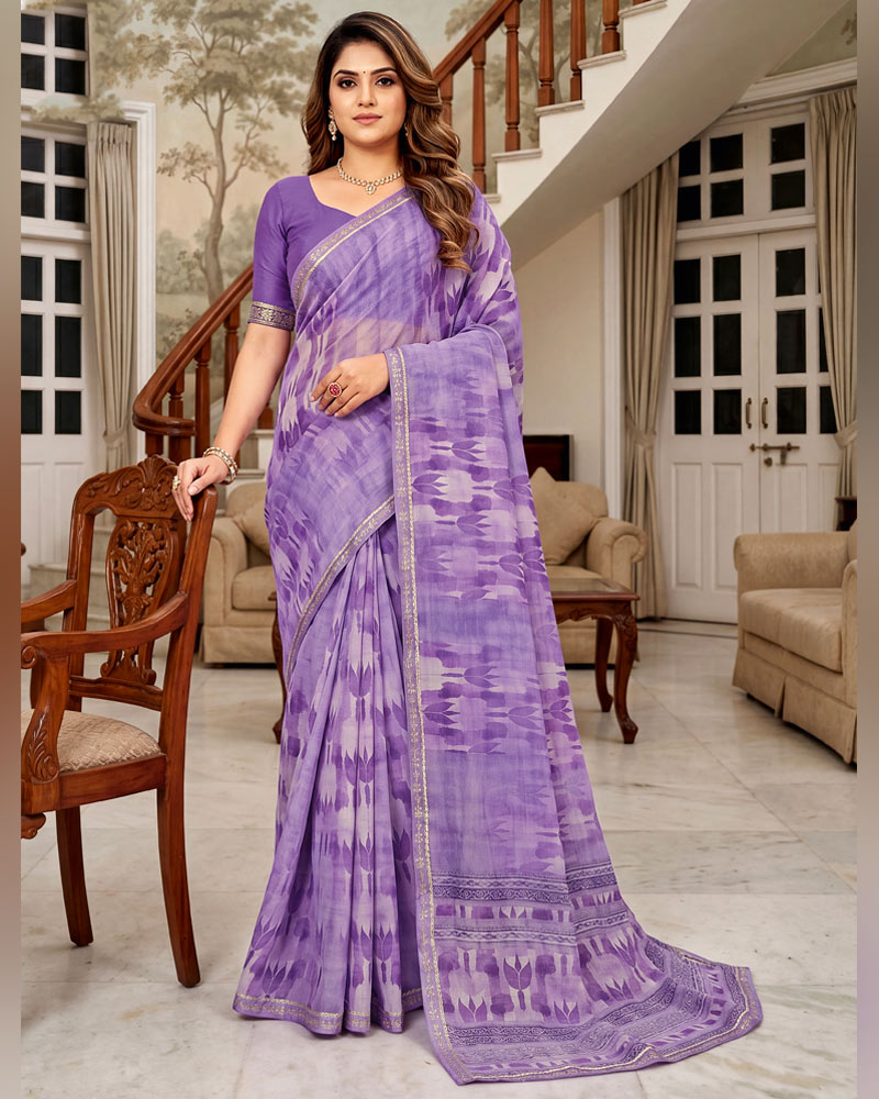 Vishal Prints Lavender Purple Printed Georgette Saree With Fancy Border