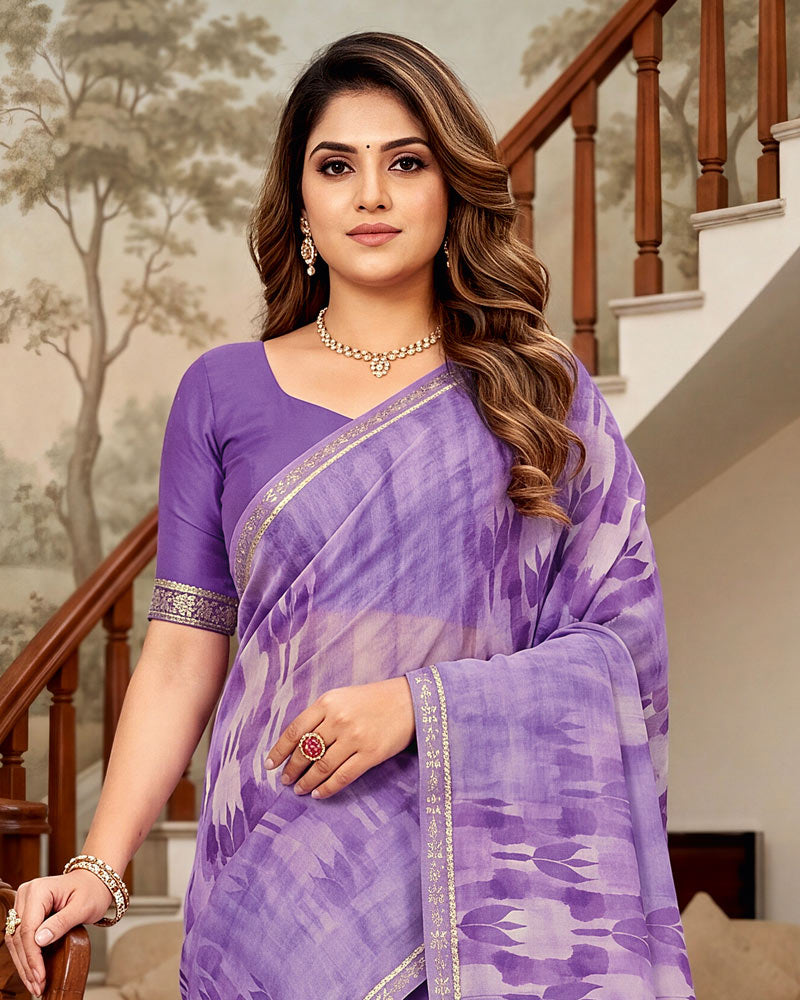 Vishal Prints Lavender Purple Printed Georgette Saree With Fancy Border