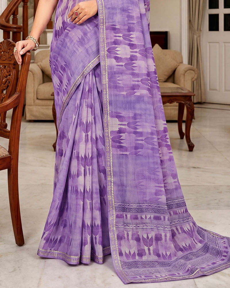 Vishal Prints Lavender Purple Printed Georgette Saree With Fancy Border