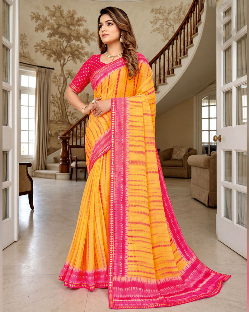 Vishal Prints Sunglow Yellow Printed Georgette Saree With Fancy Border