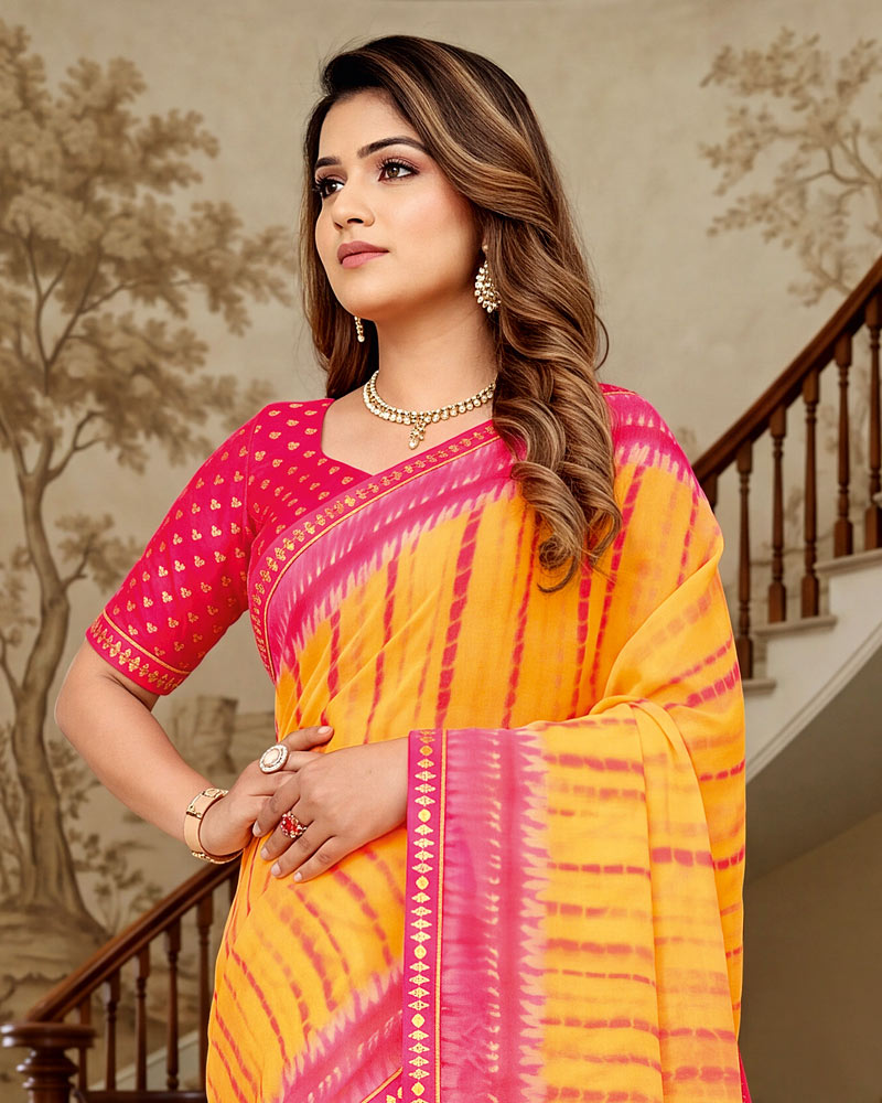Vishal Prints Sunglow Yellow Printed Georgette Saree With Fancy Border